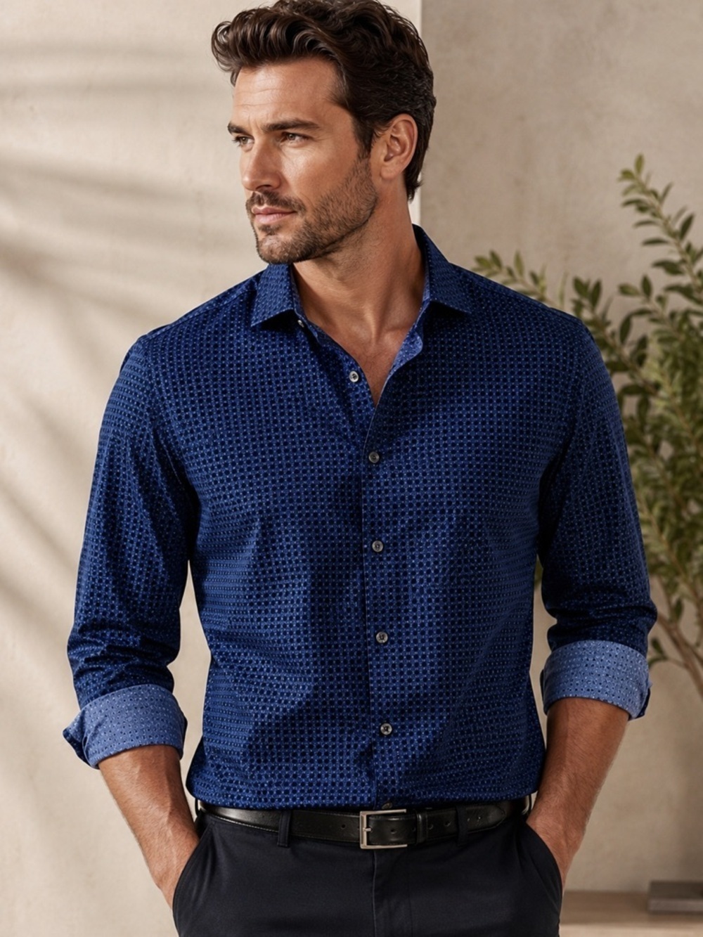 Express Navy Blue Polka Dot Button-Up Dress Shirt